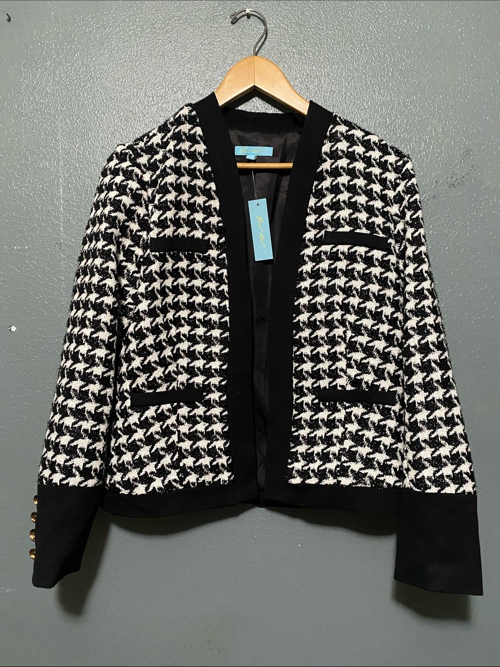 Textured Black and White Houndstooth Open-Front Blazer